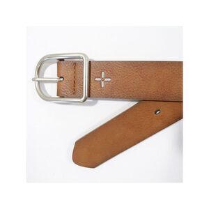 SUN STONE Mens Beige Pebbled Embroidered Logo Faux Leather Casual Belt M 34-36